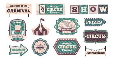 carnaval pancartas retro circo bandera plantillas con cómic textura, Clásico cintas para teatro evento tarjeta diseño. vector conjunto