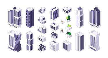 Isometric city constructor kit. Modern cityscape elements with architecture buildings skyscrapers and houses, megalopolis development. Vector set