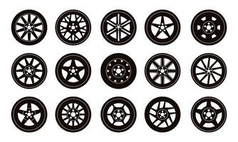 Black car rims. Automobile disc rims silhouette, round vehicle steel wheel icons, car industry pictogram. Vector cargo auto transport rims set