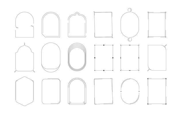 Line boho arch. Abstract linear border elements with geometric ornaments, trendy shapes and floral motifs. Vector decorative line frame set