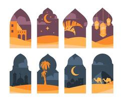 Islamic arches. Oriental decorative windows with arabic mosque building, boho frames with authentic arabian landscape views and architecture. Vector set