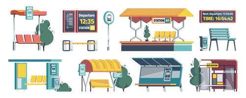 Cartoon transport station. Railway terminal with waiting seats, subway city bus and taxi station with timetable. Vector set