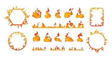 Cartoon fire frames. Square and round flaming figures, burning orange and red borders, game asset 2d elements, ignited edges. Vector isolated set