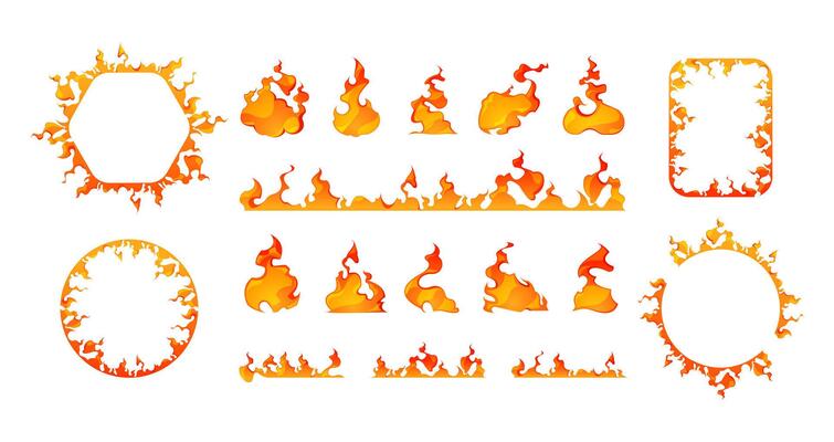Cartoon fire frames. Square and round flaming figures, burning orange and red borders, game asset 2d elements, ignited edges. Vector isolated set