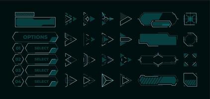 Futuristic menu elements. HUD buttons frames arrows and cursors for start screen game or application, neon UI asset. Vector isolated set