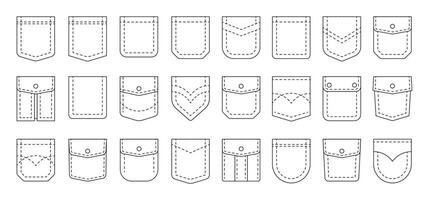 Line pockets. Sewing outline patches for men and women pants, textile uniform and bagged cloth elements. Vector cotton fabric shapes set