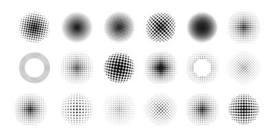 Halftone circles. Retro geometric circles with polka dots and tone gradient, black and white round shapes for print design. Vector set