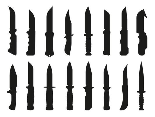 Black hunting knife. Sharp blade combat weapon silhouettes, pocket utility knife for protection and cooking. Vector flat set