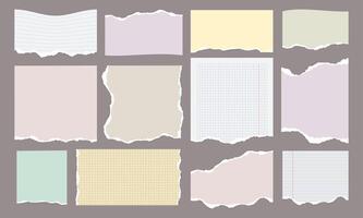 Notebook paper pieces. Torn blank sheet with lines, blank scrap paper elements for scrapbook and card design. Vector isolated set