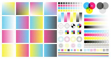 CMYK color marks. Color registration and adjustment marks for printing, prepress and screen printing. Vector CMYK tone palette isolated set