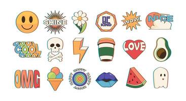 Trendy sticker pack. Cartoon doodle patches and stamps with abstract comic characters and text, trendy hipster badges with funny phrase. Vector set