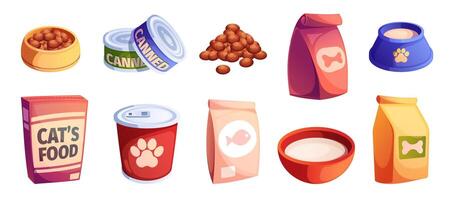 Cats and dogs food. Cartoon domestic pets feed with healthy snacks and treat, feline and canine animal food packaging, veterinary products. Vector collection