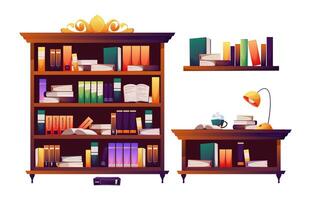 Bookcase. Book shelf with books and research academic interior, library classic collection of bookshelf furniture. Vector illustration