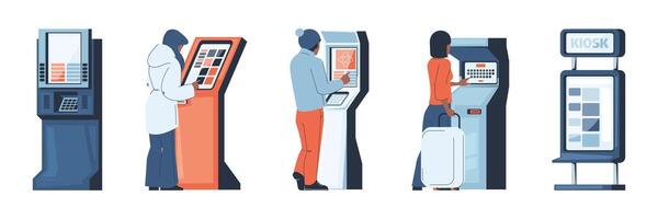 People at digital kiosk. Man and woman at ticket kiosk and online terminal, checkout and ordering online terminal, cartoon characters using cashless kiosk. Vector set