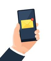 Email on smartphone, notification with envelope on screen vector