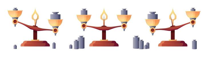 Scales balance. Mass and weight measuring scales with different weights, calibration and equal measure math symbols. Vector illustration