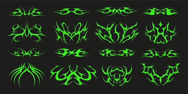 Tribal tattoo. Modern maori and celtic ornamental symbols, alien abstract figures on human skin. Vector modern tribal splatter isolated collection