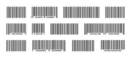 códigos de barras recopilación. negro etiqueta código de barras para producto identificación, tienda de comestibles precio etiqueta, supermercado distribución sistema con fila datos elementos. vector conjunto