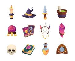 Cartoon magic items. Witchcraft alchemy mystery elements, witch crystal potion bottle cauldron amulet wizard elixir wand flat style. Vector colorful set