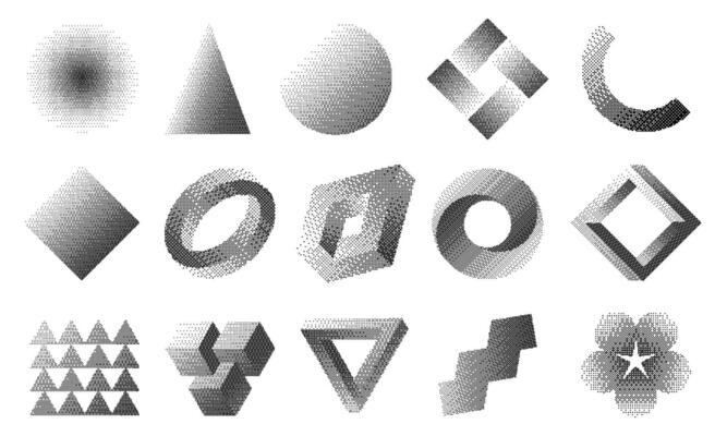Dithering shapes. Retro 90s style pixel abstract geometric forms, trendy black and white circle and square halftone texture. Vector retro logo badges