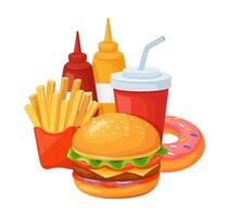 Fast food burger and french fries with soda vector