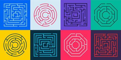 Maze path. Round labyrinth riddle with wrong way and right way, labyrinth puzzle with gate and deadlock, maze game concept. Vector illustration