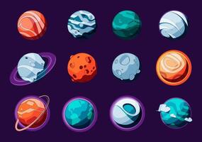 Planets collection. Cartoon fantasy planet with different shape and color, universe cosmic group of different shape planetoid and satellites. Vector set