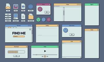 Retro interface. 80s 90s computer and internet user interface elements, trendy frames and buttons. Vector post and call notification interface