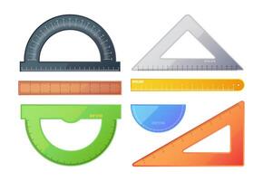 Rulers collection. Measuring scale triangular protractor math geometry tools, school measurement instruments with centimeter inch marks. Vector set