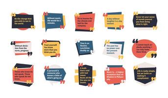 Quotes in frames. Speech balloon textbox with commas for quoting or comment, feedback dialog box with text, discussion note stickers. Vector flat set