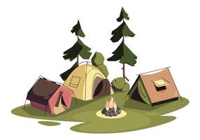 Forest camping with tents. Cartoon summer trekking concept with camping in the woods, outdoor glade with tents and fire. Vector illustration