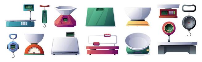 Different scale types. Measuring kitchen scales for weighing mass, scale instruments for body fat, price, equality and justice concept. Vector set