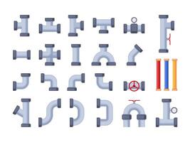 Pipe elements. Water pipeline engineering system details, piping connector construction with tubes and valves drainage system. Vector flat set