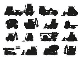 Industrial vehicles silhouettes. Heavy construction machinery flat style, transport construction equipment hydraulic bulldozer excavator loader. Vector isolated collection