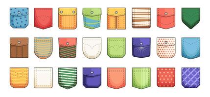 Cartoon pockets collection. Cargo and patch pockets for clothes, casual uniform textile icons flat style, fashion fabric patches design. Vector isolated set