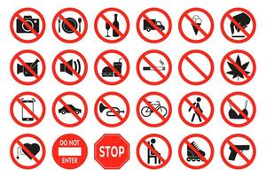 Prohibition signs. Alcohol, tobacco, mobile phone and computer usage signs, warning icons for public and business. Vector set