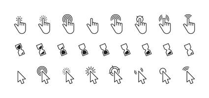 Interface cursor icon. Computer mouse click arrow or finger pointer loading sign, simple internet connection web buttons. Vector linear set