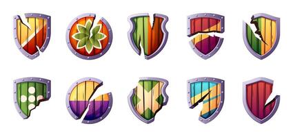 Game damaged shields. Cartoon fantasy military armor cracked and broken, GUI elements for RPG sprite asset. Vector isolated set