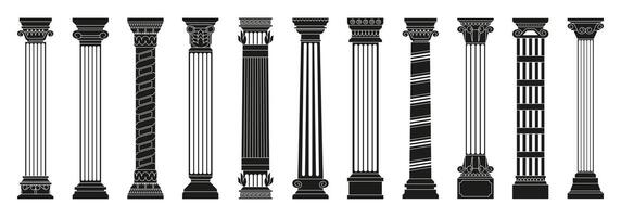 Black antique columns. Ancient roman doric columns with carved decorative elements, old greek architecture construction parts, mediterranean classic. Vector isolated set