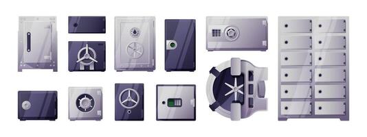 Bank safe set. Cartoon money storage with lock code and security password, secure cash container, flat equipment banking savings systems. Vector collection