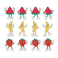 Retro Cartoon Character Fruit Set. Vector Funny Illustration with Banana, Cherry, Lemon, Strawberry, Watermelon