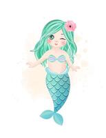 Watercolor Illustration set of cute mermaid and elements vector