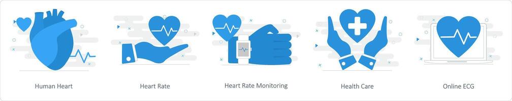 A set of 5 Mix icons as human heart, heart rate, heart rate monitoring vector