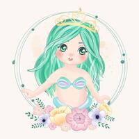 Watercolor Illustration set of cute mermaid and elements vector