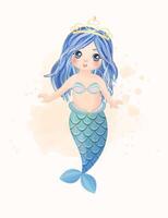 Watercolor Illustration set of cute mermaid and elements vector