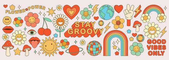 Groovy hippie 70s set. Funny cartoon flower, rainbow, peace, Love, heart, daisy, mushroom etc. Sticker pack in trendy retro psychedelic cartoon style. Isolated vector illustration. Flower power.