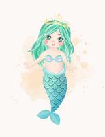 Watercolor Illustration set of cute mermaid and elements vector