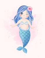 Watercolor Illustration set of cute mermaid and elements vector