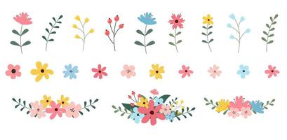 colección de flores con hojas, ramos de flores. flores vectoriales impresión de arte de primavera con elementos botánicos. Felices Pascuas. estilo folclórico. carteles para las vacaciones de primavera. iconos aislados sobre fondo blanco. vector