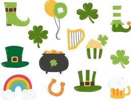 Happy St. Patrick's Day elements mega set with green clover, shamrock, green ale, gold coins pot, and rainbow on white background. St. Patrick's Day typography mega bundle. Saint Patrick's Day ... vector